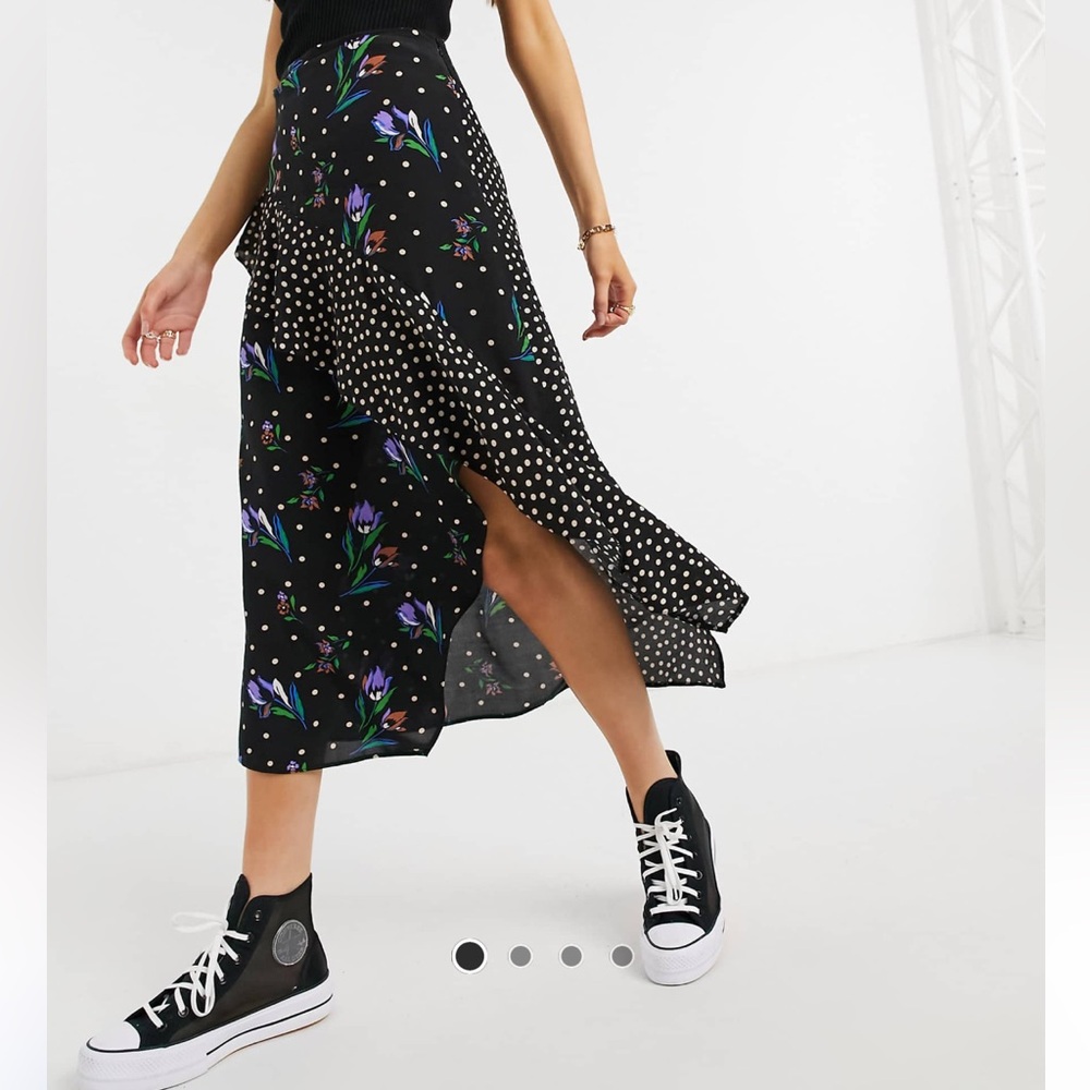 ASOS Black Floral and Polka Dot Midi Skirt